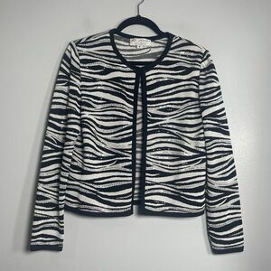 ST. JOHN Evening Knit Jacket Size 8 Black White Animal Print Embellished Jewels